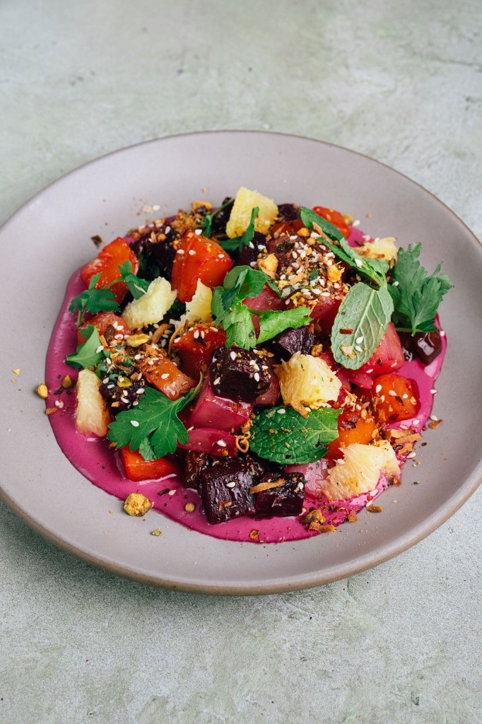 Roasted beet citrus salad with pistachios and mint at Stone House catering