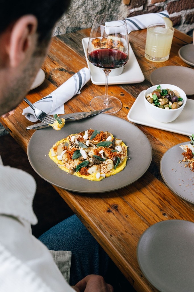 Sage and mushroom gnocchi over butternut purée at Stone House catering