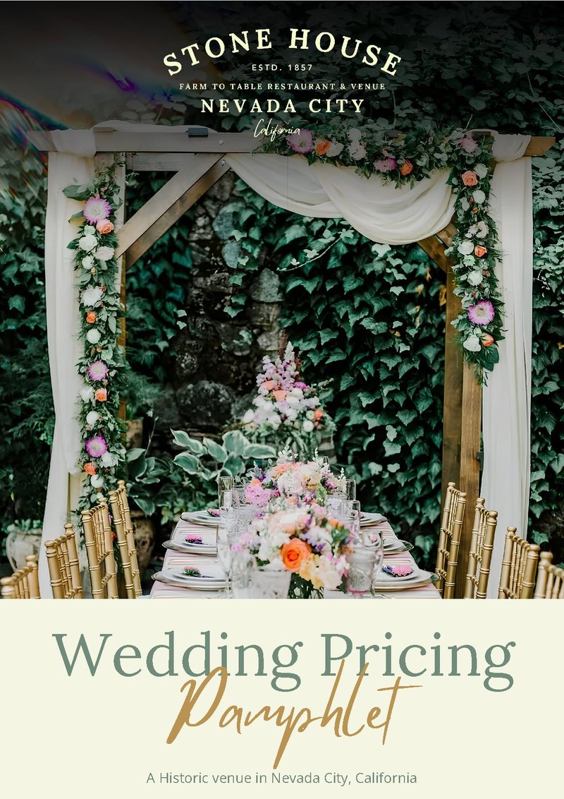 Stone House Nevada City wedding pricing guide cover — wedding package overview for couples
