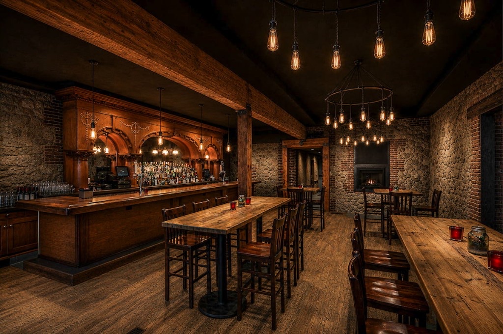 The Parlor bar and cocktail lounge with stone walls at Stone House Nevada City